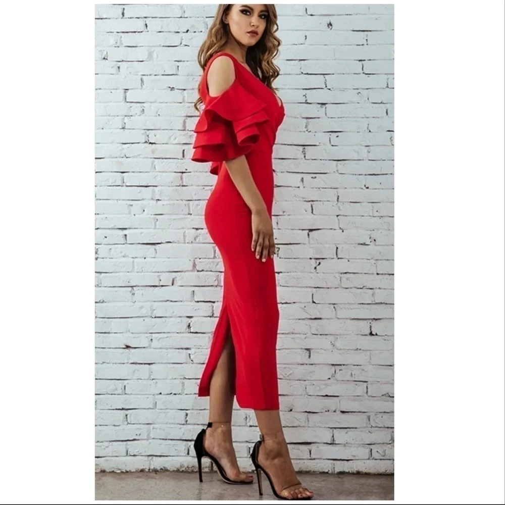 Bodycon Club Dress Sexy Deep V Neck Ruffles Butterfly Short Sleeve Midi size M